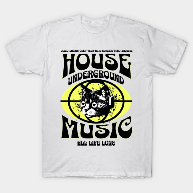 HOUSE MUSIC  - Underground Cat (Black/Yellow) T-Shirt by DISCOTHREADZ 